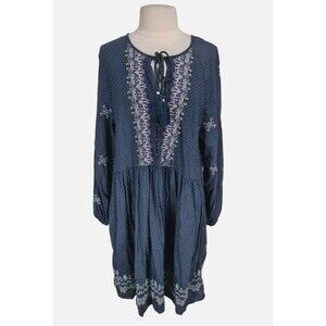 KNOX ROSE Womens Ruffle Knee Length Dress Size XXL Blue Embordered Neck  62P